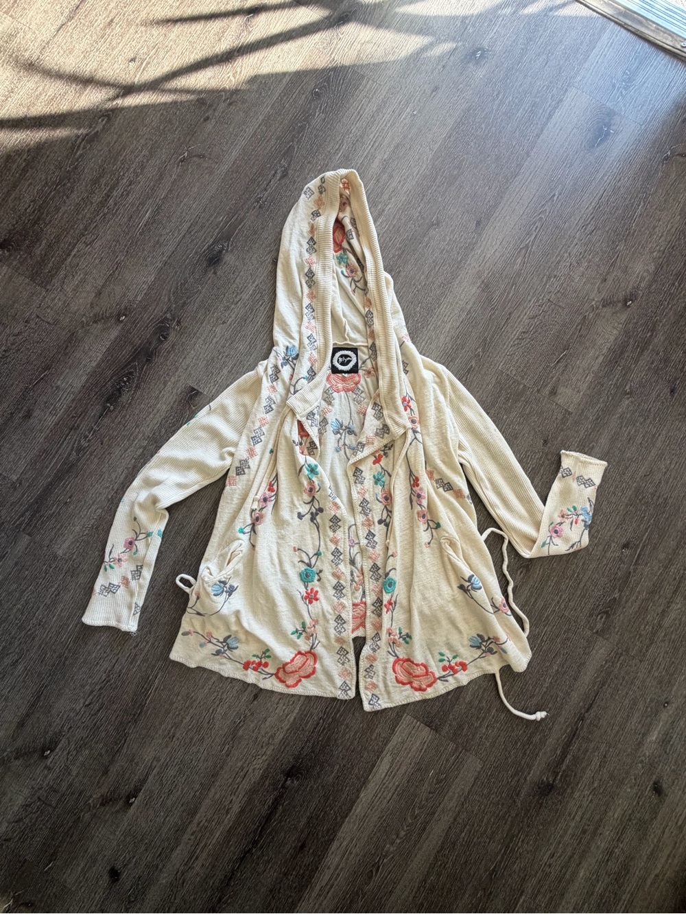 Johnny Was Cream Embroidered Hooded Cardigan